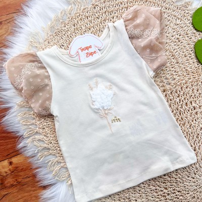Conj. Blusa Flor Branca e Short Saia Balonê - Areia suave